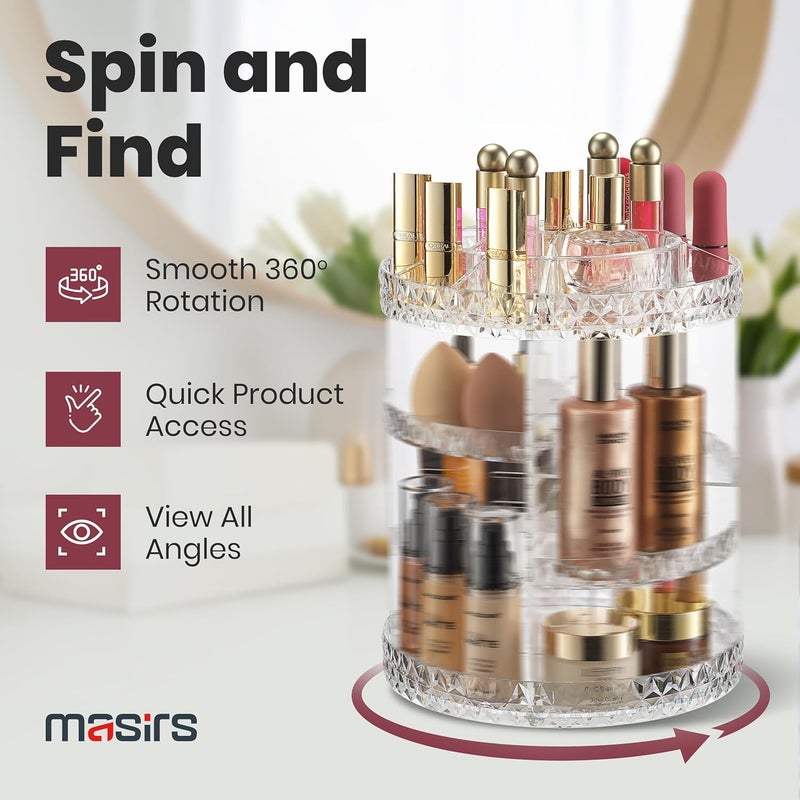 Masirs 360 Rotating Makeup Organizer Diamond Design - Adjustable Shelf Height and Fully Rotatable - The Perfect Round Spinning Cosmetic Organizer for Bedroom Dresser or Vanity Countertop Storage (Clear) - Image 4