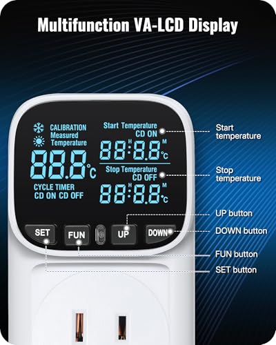 WILAWELS Digital Temperature Controller Outlet, 15A/1800W Heavy Duty Thermostat Plug, VA LCD Display, Heating/Cooling Control, -40°F~210°F, 4 Timer Modes, for Greenhouse Incubator Homebrew W01TC06 - Image 3