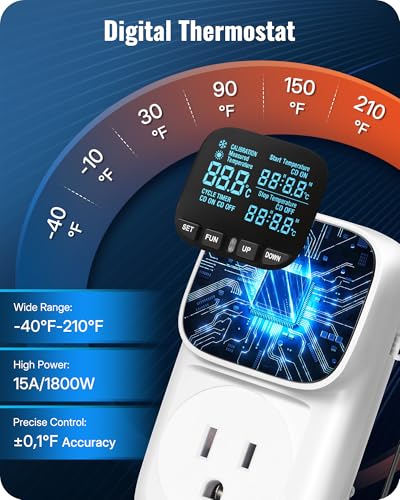WILAWELS Digital Temperature Controller Outlet, 15A/1800W Heavy Duty Thermostat Plug, VA LCD Display, Heating/Cooling Control, -40°F~210°F, 4 Timer Modes, for Greenhouse Incubator Homebrew W01TC06 - Image 4