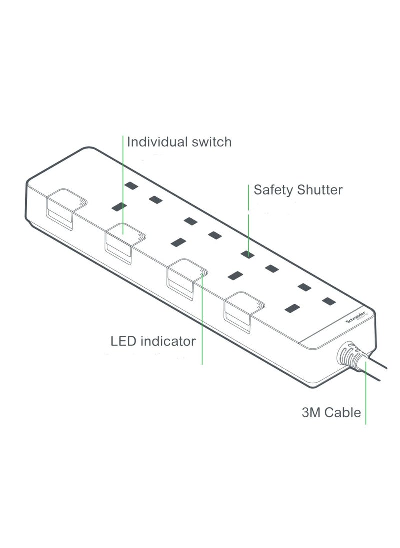 Schneider Electric Schneider Electric AvatarOn Extension Cord /cable with 4 Sockets, individual switch, 3M, Strips/ Multi Plug, White - TSH34_3_WE  - Image 2