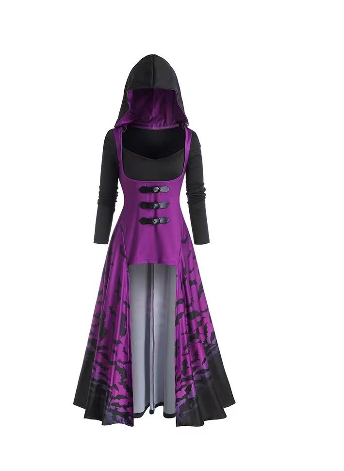 Loquat Medium Long Cape European And American Printed Batskin Button Dress  - Image 1