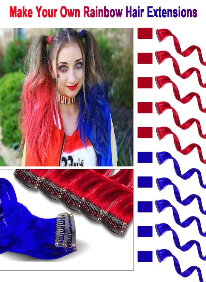 Olldag Red and Blue Hair Extensions Clip in,10 PCS Curly Wavy Synthetic Hairpieces Rainbow Neon Party Highlights, Colorful Hair Accessories for Girls Women 17 inch (Red Blue) - Image 2