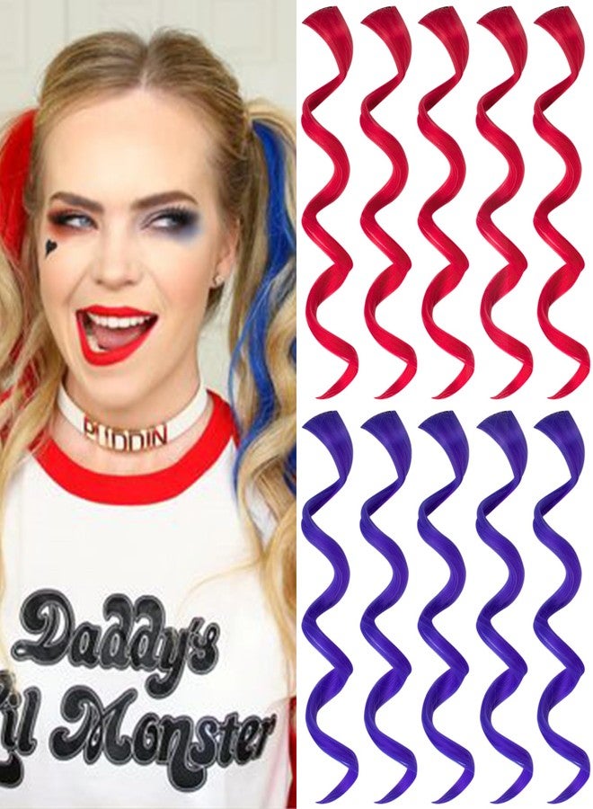 Olldag Red and Blue Hair Extensions Clip in,10 PCS Curly Wavy Synthetic Hairpieces Rainbow Neon Party Highlights, Colorful Hair Accessories for Girls Women 17 inch (Red Blue) - Image 1