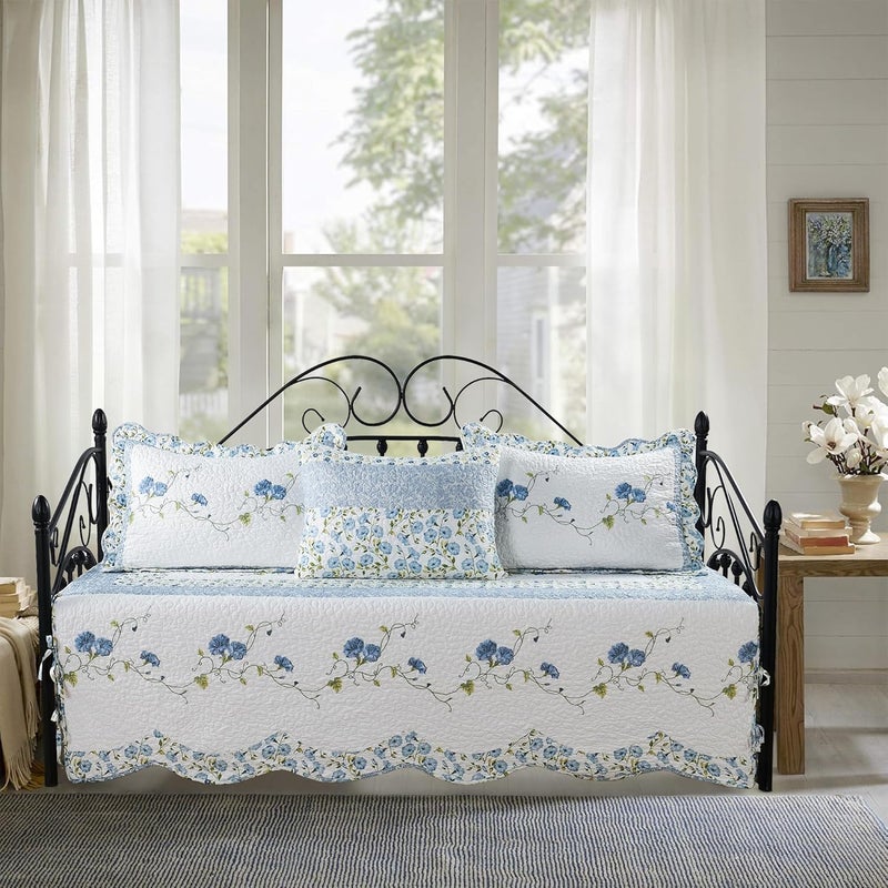 BYTIDE 4-Piece Quilted Microfiber Daybed Cover Set with Floral Embroidery, All Season Luxurious Bedding with Matching Shams, 75"x39", Morning Glory - Image 1
