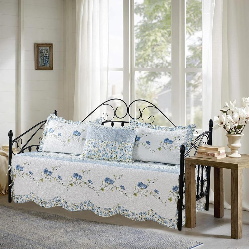 BYTIDE 4-Piece Quilted Microfiber Daybed Cover Set with Floral Embroidery, All Season Luxurious Bedding with Matching Shams, 75"x39", Morning Glory - Image 2