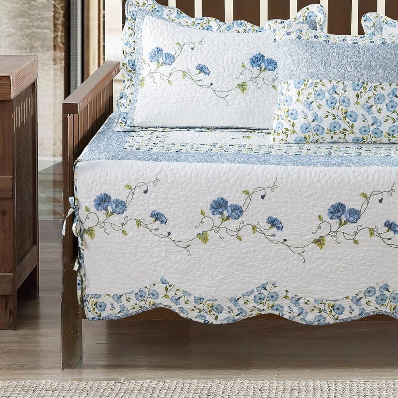 BYTIDE 4-Piece Quilted Microfiber Daybed Cover Set with Floral Embroidery, All Season Luxurious Bedding with Matching Shams, 75"x39", Morning Glory - Image 3
