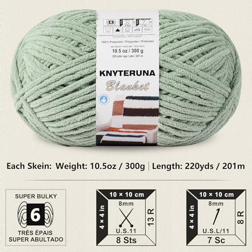 Knyteruna #6 Super Bulky Blanket Yarn for Crocheting - 4 Skeins(Each 10.5oz/300g, 220yds/201m), Chunky Chenille Thick Plush Big Soft Yarn for Crocheting Knitting Blankets, Sage Green - Image 2