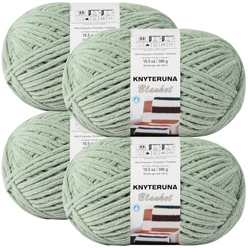 Knyteruna #6 Super Bulky Blanket Yarn for Crocheting - 4 Skeins(Each 10.5oz/300g, 220yds/201m), Chunky Chenille Thick Plush Big Soft Yarn for Crocheting Knitting Blankets, Sage Green - Image 1