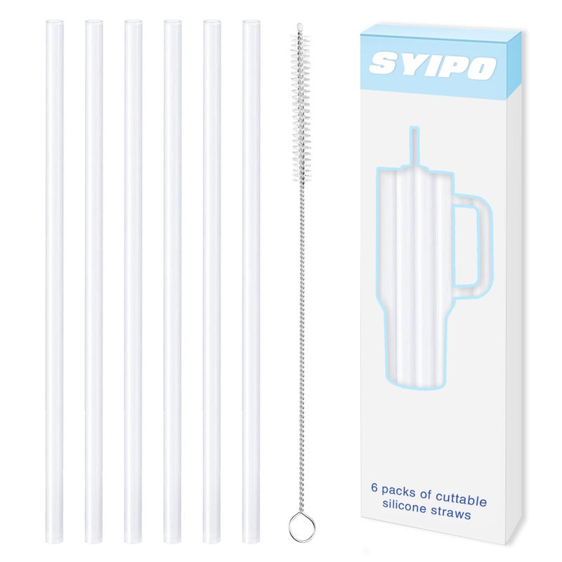 Replacement Silicone Straws for Stanley 40 oz Adventure Tumbler 6 Pack Reusable Food Grade Silicone Straws with Cleaning Brush Can be Cut Off  for Stanley Cup 40 oz Water Jug Accessories 12 Long