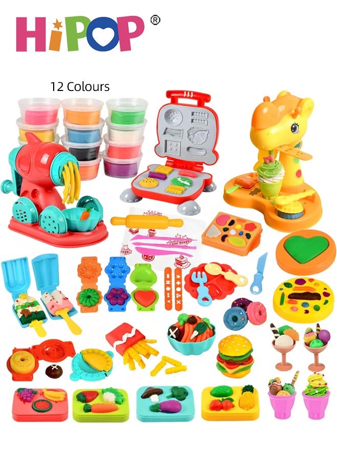 HIPOP 60-Piece Kids Clay Play Set, Playdough Toy Set for Toddlers, Color Clay Machine Set with Four Machines,  Kitchen Tools and 12 Clays,  DIY Dough Toy for Boys and Girls, Noodle Playset Maker Machine - Image 1