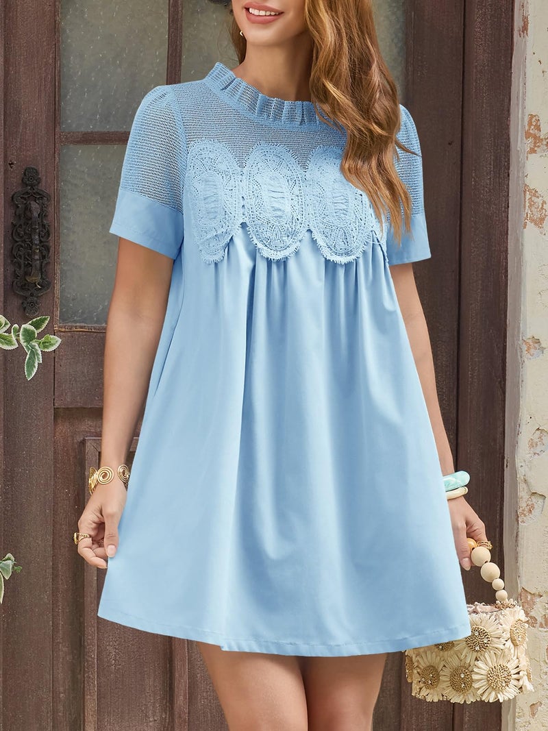 Wenrine Womens Lace Mini Dress Summer Short Sleeve Crewneck Sheer Mesh Casual Loose Ruffle Babydoll Dresses Light Blue - Image 2