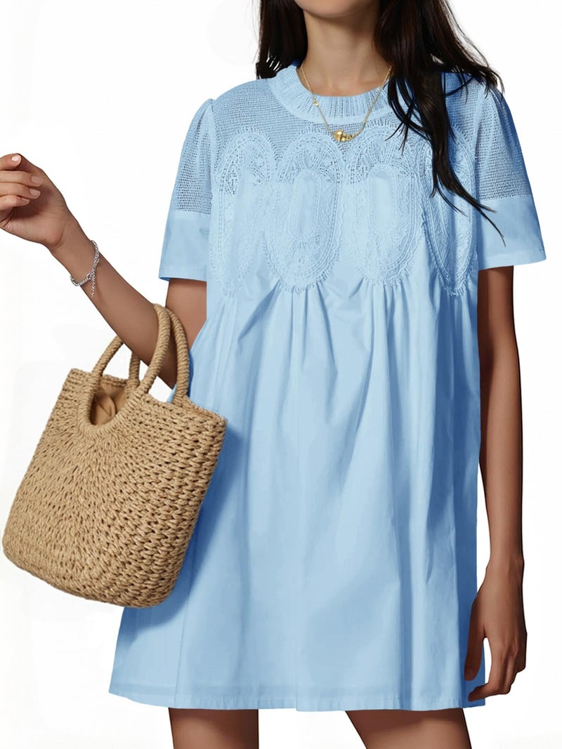 Wenrine Womens Lace Mini Dress Summer Short Sleeve Crewneck Sheer Mesh Casual Loose Ruffle Babydoll Dresses Light Blue - Image 1