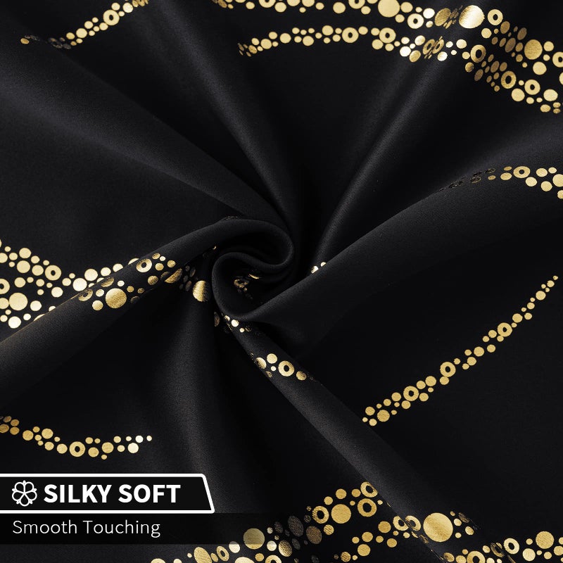 Yakamok Blackout Curtains For Livingroom - Wave Line With Dots Gold Print Design Noise Reducing Thermal Insulated Solid Ring Top Blackout Window Drapes For Livingroom (2 Panels 52 X 84 Inch Black) - Image 5