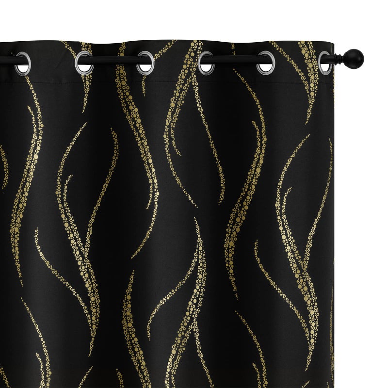 Yakamok Blackout Curtains For Livingroom - Wave Line With Dots Gold Print Design Noise Reducing Thermal Insulated Solid Ring Top Blackout Window Drapes For Livingroom (2 Panels 52 X 84 Inch Black) - Image 1
