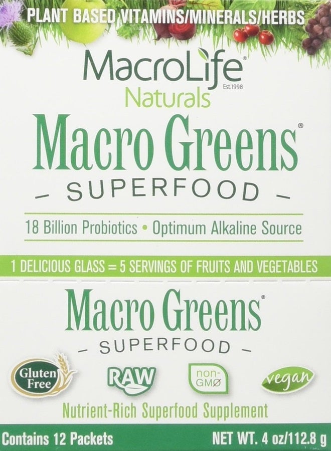 MacroLife Naturals Macro Greens Powder 38 Superfood Probiotic Antioxidant Enzyme & Herbal Supplement Immunity Energy Cleanse - Non-GMO Vegan Gluten-Free Dairy-Free - 12 Packet Servings - Image 1