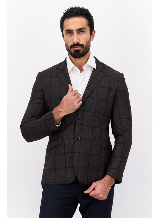 Men Ultraflex Regular Fit Plaid Suit Jacket, Dark Brown