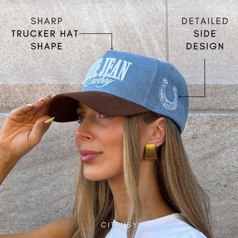 CITRUSY Vintage Western Trucker Hat | Men & Women | Embroidered Trendy Caps | Country Cute Hats for Cowgirls & Cowboys | Camo Denim Cotton Styles | Snapback Fishing Hat (Blue Jean Cowboy | Brown Suede Denim) - Image 5