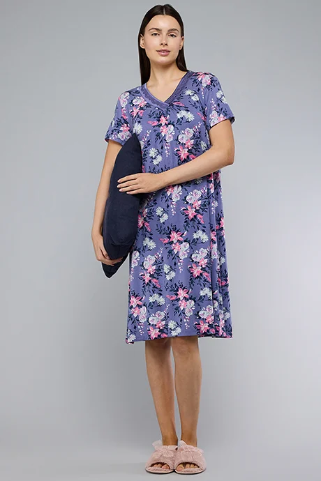 أر أند بي Floral Print Nightdress with V-Neck and Short Sleeves