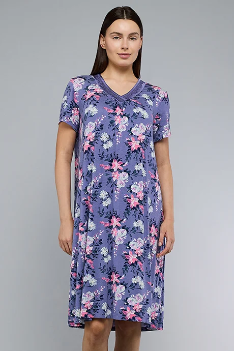 أر أند بي Floral Print Nightdress with V-Neck and Short Sleeves