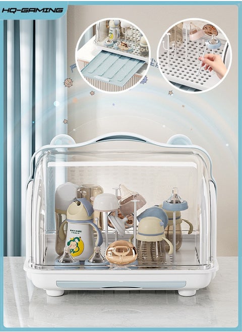 Baby Bottle Drying Rack Baby Feeding Bottle Dryer with Cover Drying Rack for Baby Bottles Accessories Portable Bottle Drying Rack Container with Drainer (Blue)