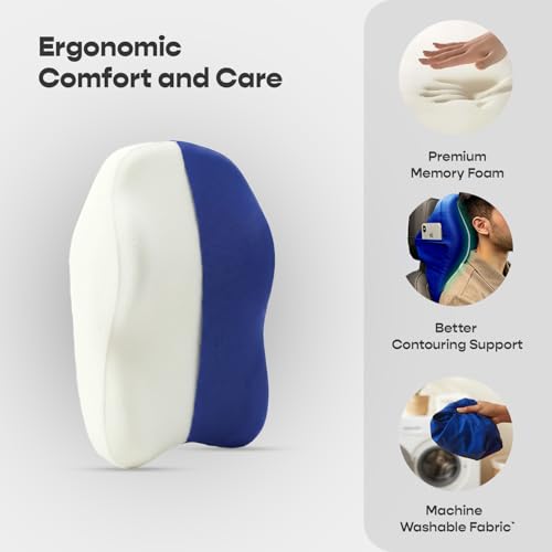 SleepyCat Pro Neck Pillow | S-Shaped Ergonomic Memory Foam | Dual Adjustable Straps | Premium Cool Nylon Cover | Side Storage Pockets | Travel Comfort Support | Car Journey Relief | Blue - Image 3
