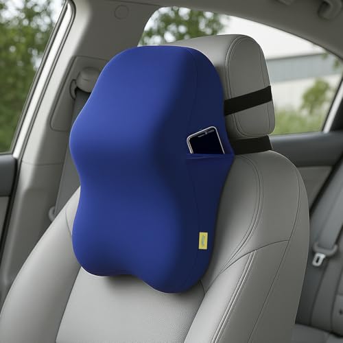 SleepyCat Pro Neck Pillow | S-Shaped Ergonomic Memory Foam | Dual Adjustable Straps | Premium Cool Nylon Cover | Side Storage Pockets | Travel Comfort Support | Car Journey Relief | Blue - Image 1