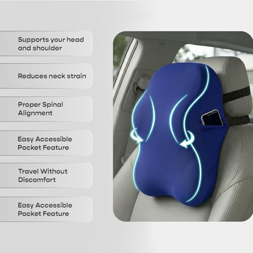 SleepyCat Pro Neck Pillow | S-Shaped Ergonomic Memory Foam | Dual Adjustable Straps | Premium Cool Nylon Cover | Side Storage Pockets | Travel Comfort Support | Car Journey Relief | Blue - Image 4