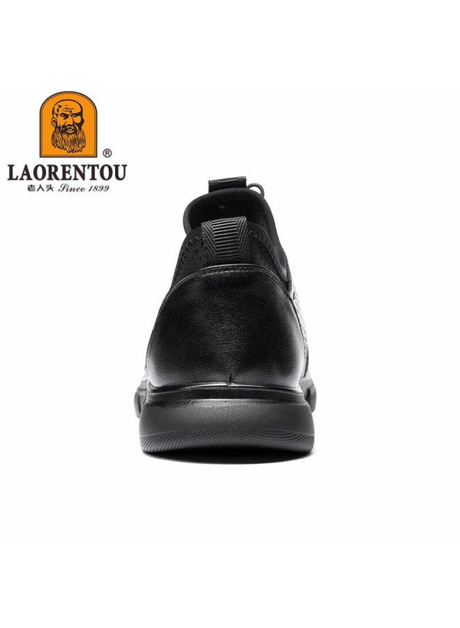 Laorentou Men's Leather Shoes, Business Casual Shoes, Perforated Toe, Top-grain Leather, Breathable Sneakers, Men's Sports Shoes, Ll13121, Black, Size 42