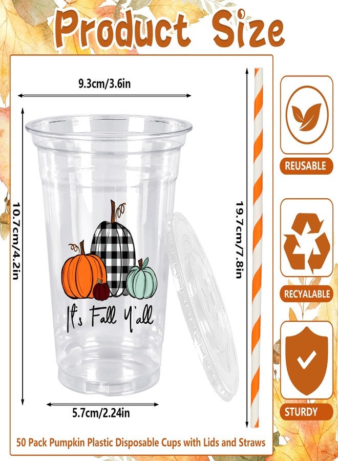 JarThenaAMCS جرثينا AMCS 50 قطعة أكواب بلاستيكية خريفية مع أغطية وقش أسود أبيض مزخرف بالقرع أكواب بلاستيكية شفافة 12 أونصة أكواب قرع قابلة للتخلص منها لمستلزمات حفلات عيد الشكر في الخريف - Image 2