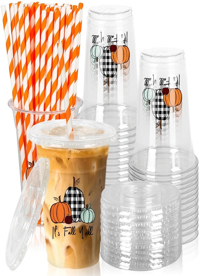 JarThenaAMCS جرثينا AMCS 50 قطعة أكواب بلاستيكية خريفية مع أغطية وقش أسود أبيض مزخرف بالقرع أكواب بلاستيكية شفافة 12 أونصة أكواب قرع قابلة للتخلص منها لمستلزمات حفلات عيد الشكر في الخريف - Image 1