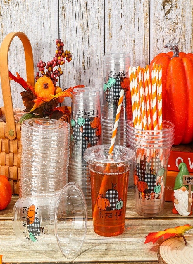 JarThenaAMCS جرثينا AMCS 50 قطعة أكواب بلاستيكية خريفية مع أغطية وقش أسود أبيض مزخرف بالقرع أكواب بلاستيكية شفافة 12 أونصة أكواب قرع قابلة للتخلص منها لمستلزمات حفلات عيد الشكر في الخريف - Image 5