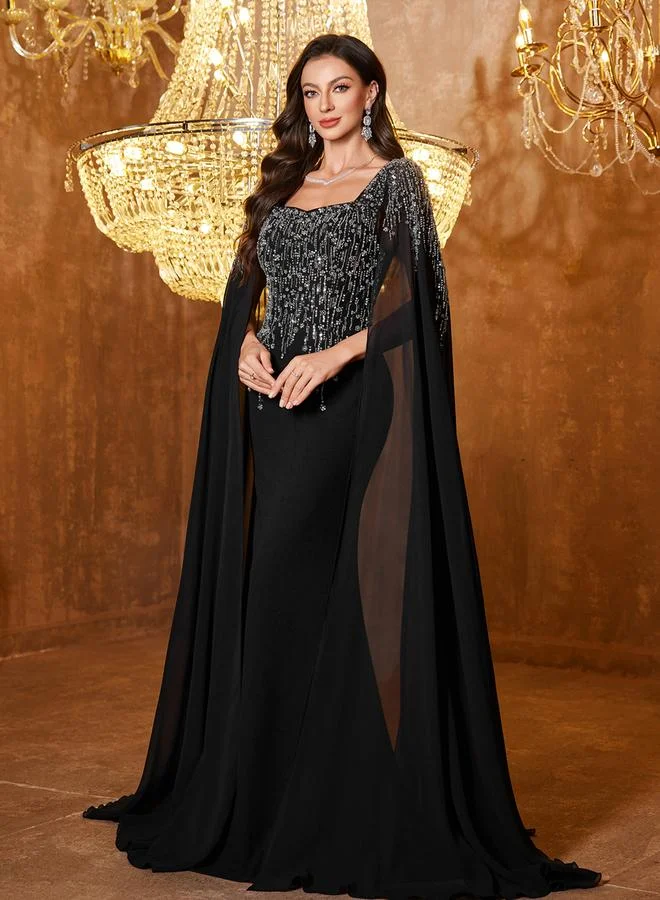 UNITHORSE Black Embellished Cape Sleeve Maxi Dress