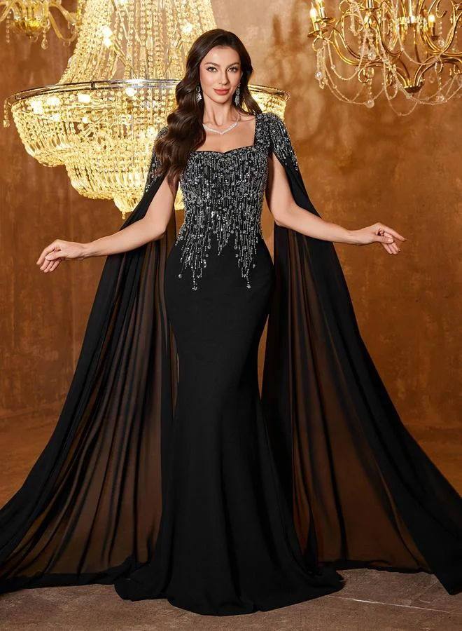 UNITHORSE Black Embellished Cape Sleeve Maxi Dress
