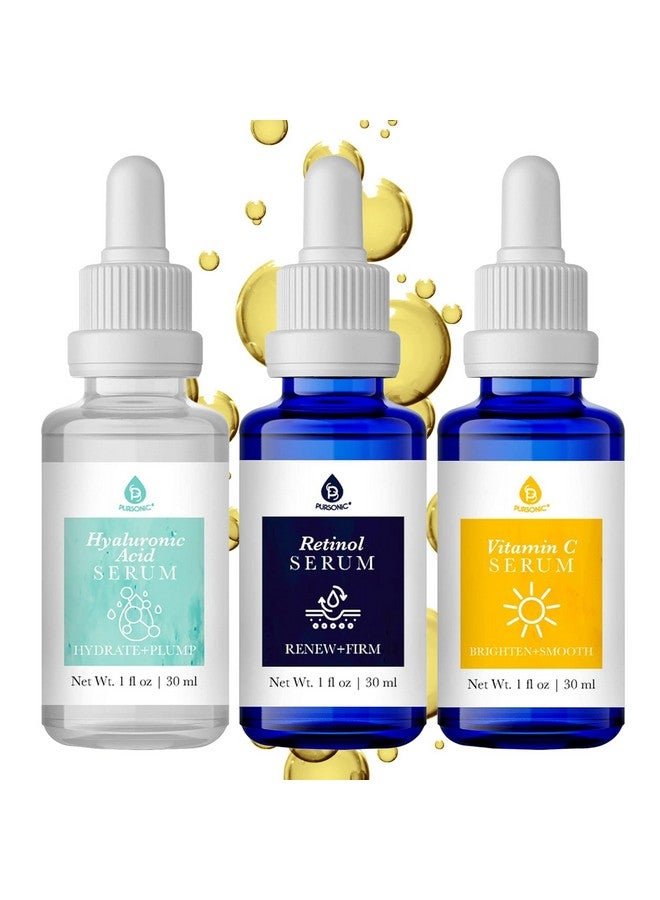 Pursonic Anti Aging Skin Care Set Of 3 Hyaluronic Acid Serum Retinol Serum & Vitamin C Face Serum For Women Nourishing Hydrating Serum For Face Smoothed Wrinkles Dryness Fine Lines - Image 1