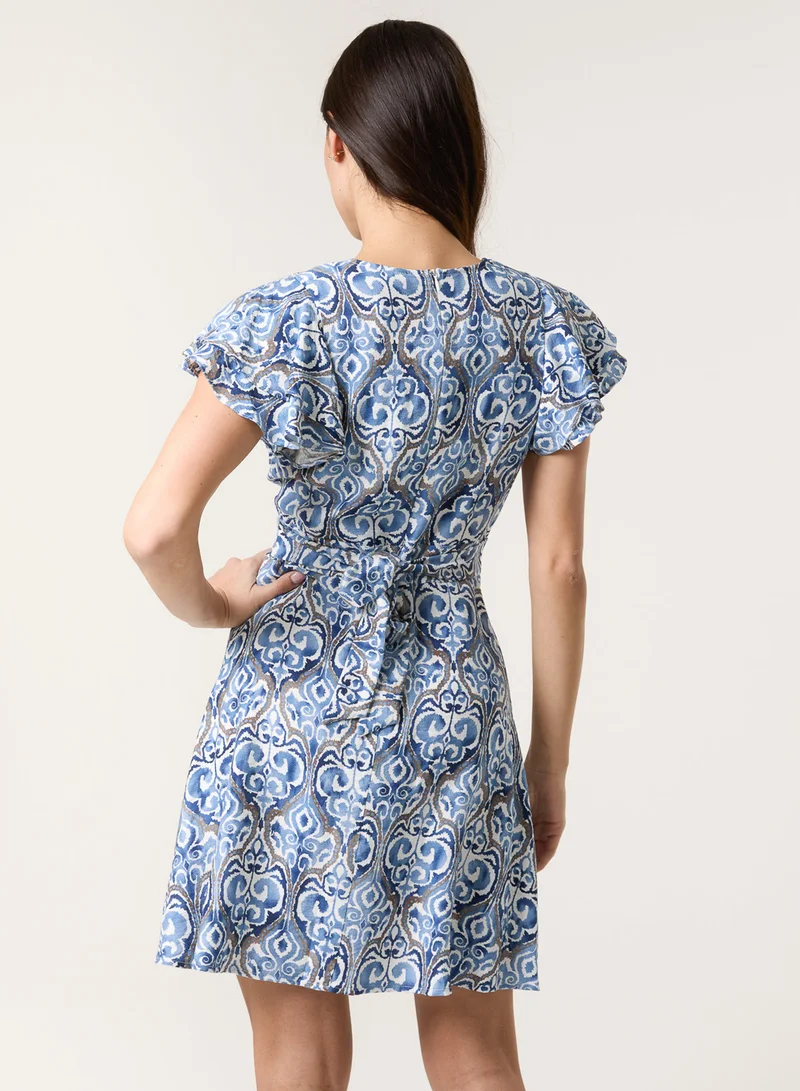 Blue Vanilla Printed Wrap Front Belted Waist Dress