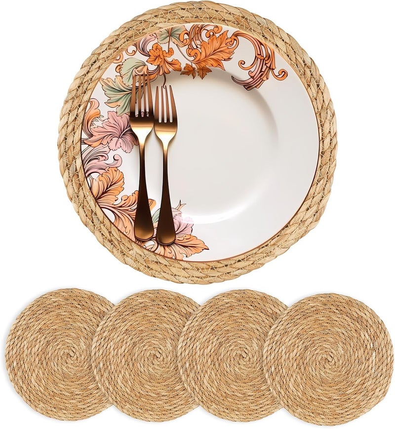 Dimpola Round Woven Placemats 13.5 inch Set of 4 - Boho Rattan Placemat Natural Water Hyacinth Placemats, Farmhouse Weave Place Mats, Rustic Braided Wicker Table Mats for Dining Table,Home,Wedding - Image 1