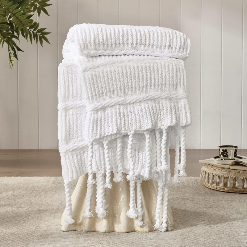 DOWN HOME Boho Knitted Chenille Blanket with Tassels - Lightweight & Soft All-Season Throw - 3D Classic Pattern for Living Room Bedroom Couch, Cloud White, Throw 50"x60" - Image 1