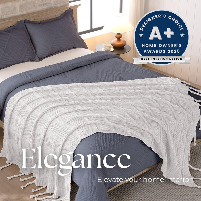 DOWN HOME Boho Knitted Chenille Blanket with Tassels - Lightweight & Soft All-Season Throw - 3D Classic Pattern for Living Room Bedroom Couch, Cloud White, Throw 50"x60" - Image 2