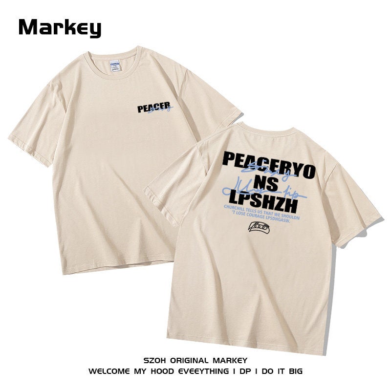 Ins national fashion brand original letter print heavyweight 270g pure cotton short-sleeved men's t-shirt loose hip-hop small collar top - Image 2