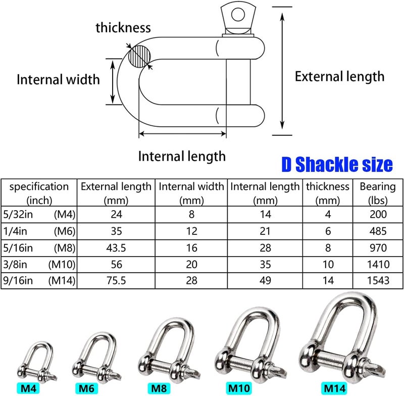 Metown Stainless Steel 304 D Shape Shackle - 5/16" (Pack of 4) - Image 2