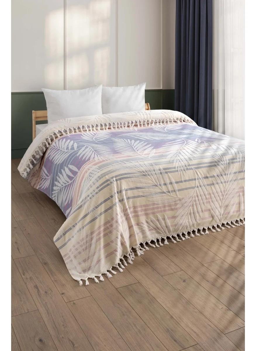 Sevim 100% Cotton Double Towel Bedspread - Tropical Pattern & Tasseled Pique - 220X240 cm - Claret Red Striped Yellow