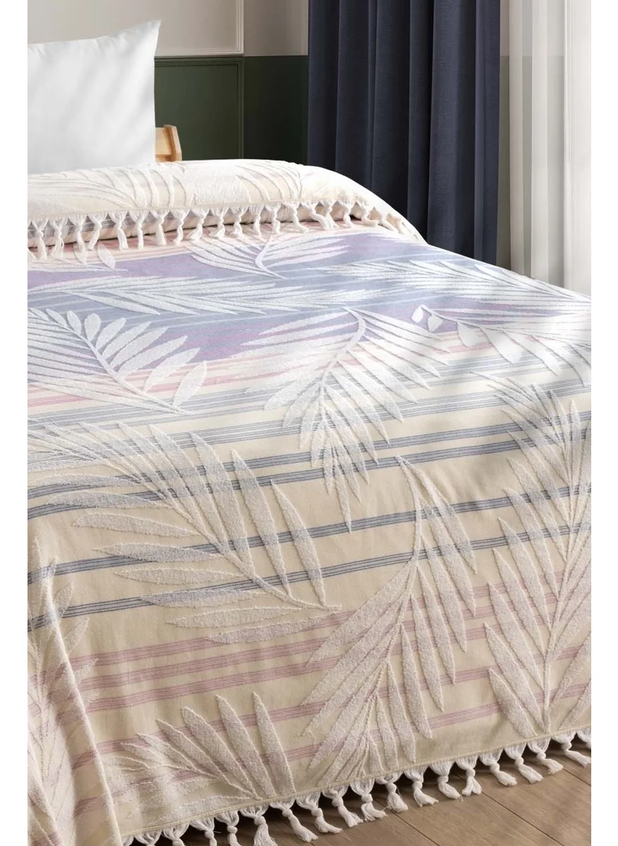 Sevim 100% Cotton Double Towel Bedspread - Tropical Pattern & Tasseled Pique - 220X240 cm - Claret Red Striped Yellow
