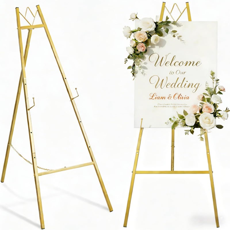 GRENTY 57.5" Gold Easel Stand for Wedding Sign, Heavy Duty Metal Display Stand, 4-Tier Height Adjustable Easel for Art, Paintings, Welcome Signs, Posters, and DÃ©cor, Simply Assembly Required - Image 1