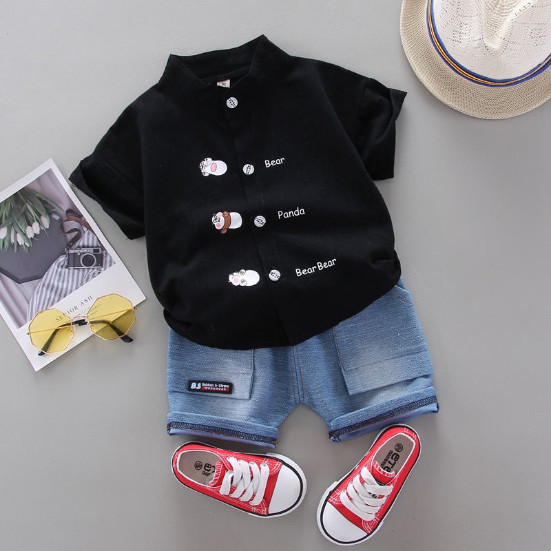 Foreign trade childrens clothing summer childrens cartoon letter shirt short sleeve shorts two boys suit manufacturers wholesale tide Black
