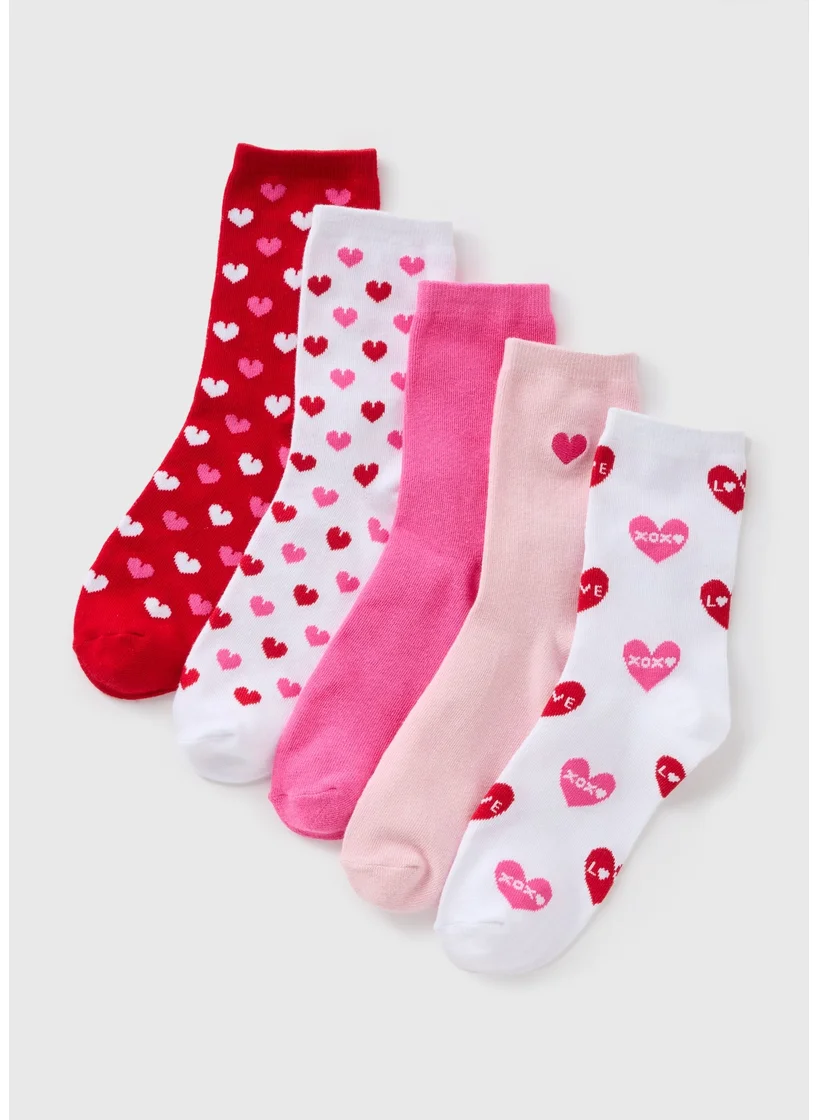 Matalan 5 Pack Pink Heart Print Socks