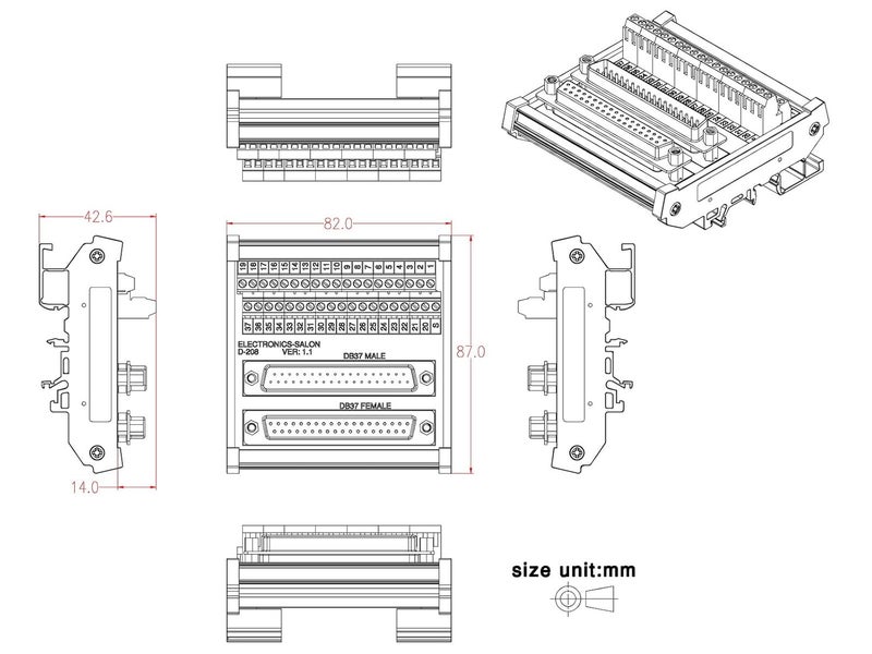 Electronics-Salon DB37 D-SUB DIN Rail Mount Interface Module, Male/Female, DSUB Breakout Board. - Image 4