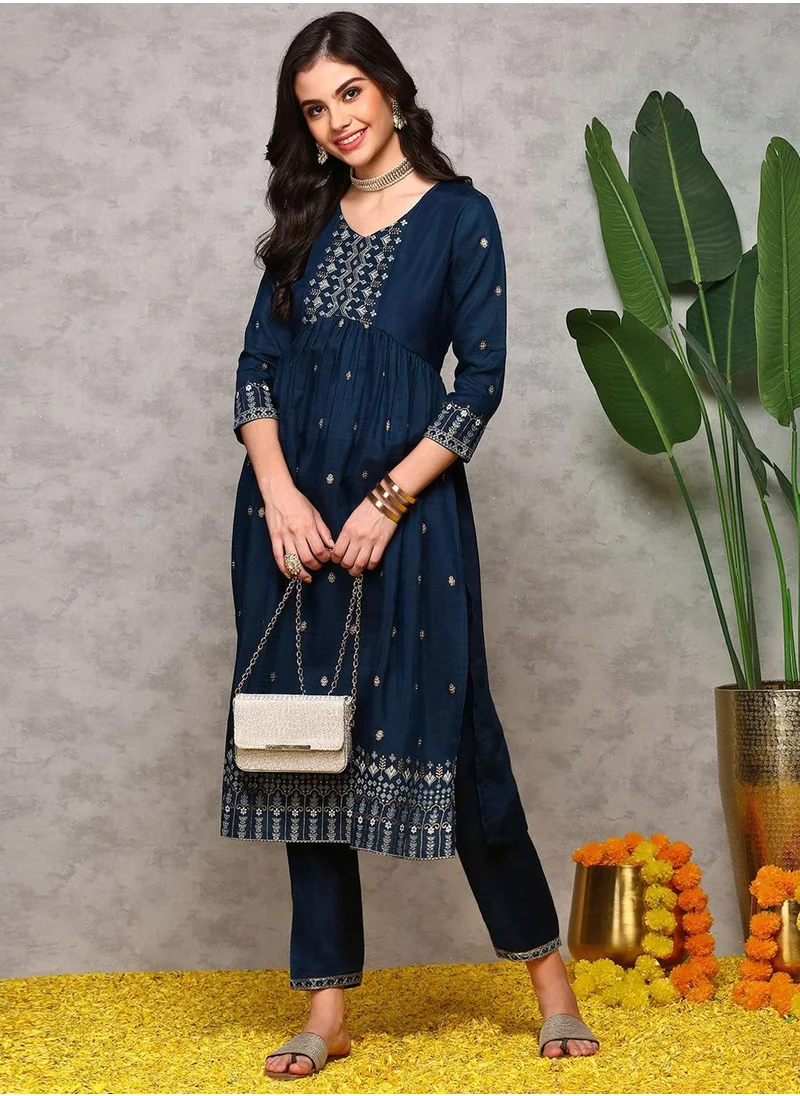 آي شين Regular Fit Three-Quarter Sleeve Printed Blue Chiffon Woven Kurta Set For Women Flat Collar Perfect For Wedding And Engagement Pull On Closure