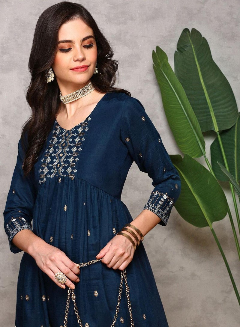 ISHIN Women's Blue Art Chiffon Printed Tunic Full Length Casual Regular Fit Kurta Set  - Image 5