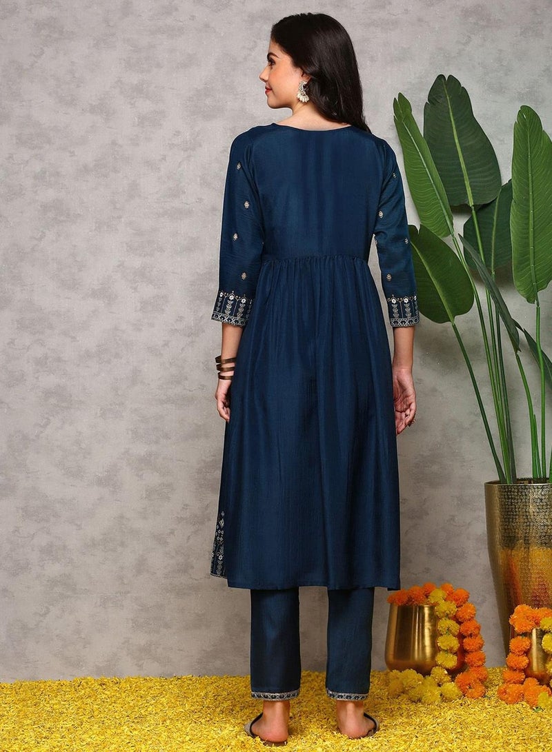 ISHIN Women's Blue Art Chiffon Printed Tunic Full Length Casual Regular Fit Kurta Set - Image 5