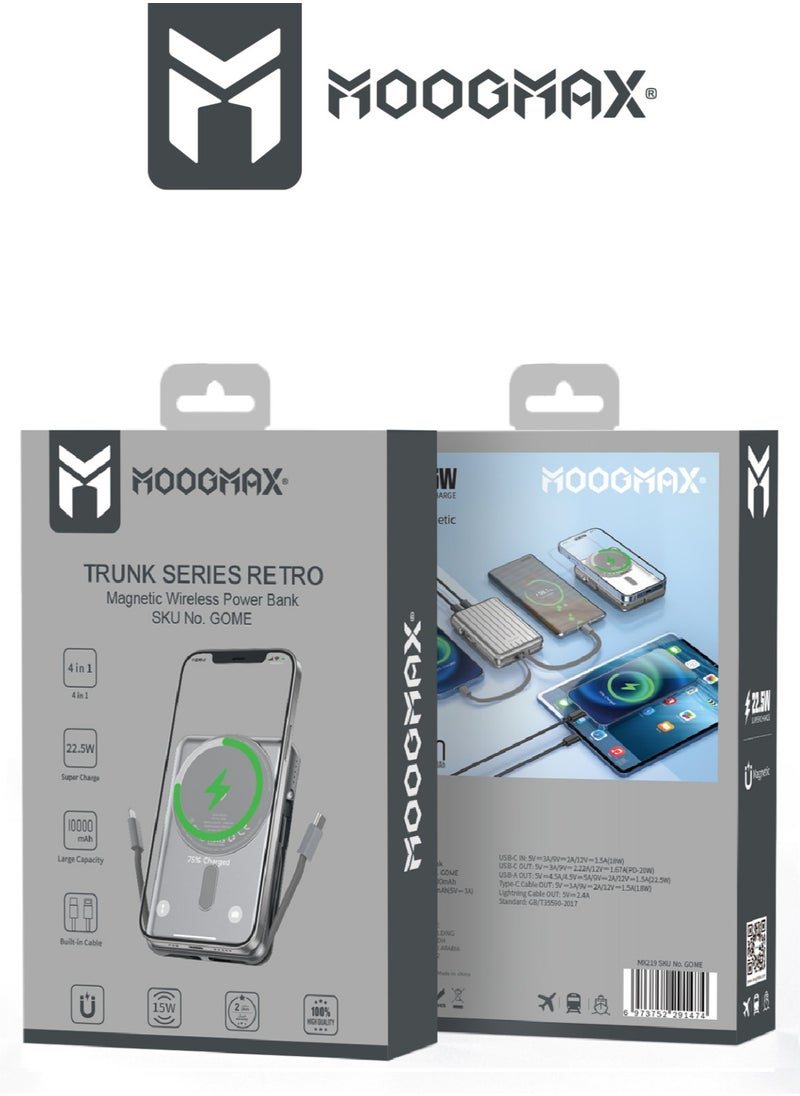 MOOGMAX - Trunk power bank 10000 mAh. Small magnetic wireless powerbank. magsafe power bank with 3 ports (USB & Type-C PD & Lightning). portable charger with built-in fabric charging cables (Type-C & Lightning for iPhone).wireless power bank fast charging with 15W wireless charging & 22.5W for ports & cables. Silver - Image 1